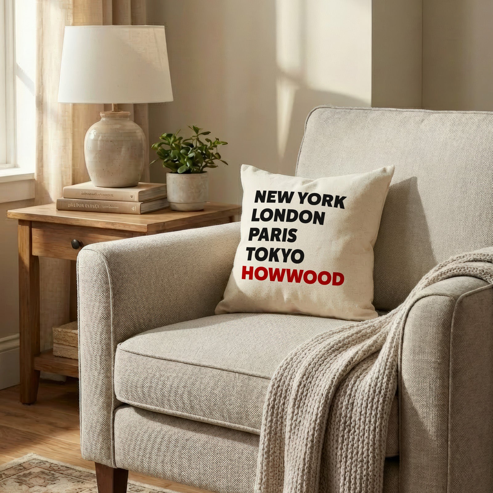 Howwood typography cushion detail view