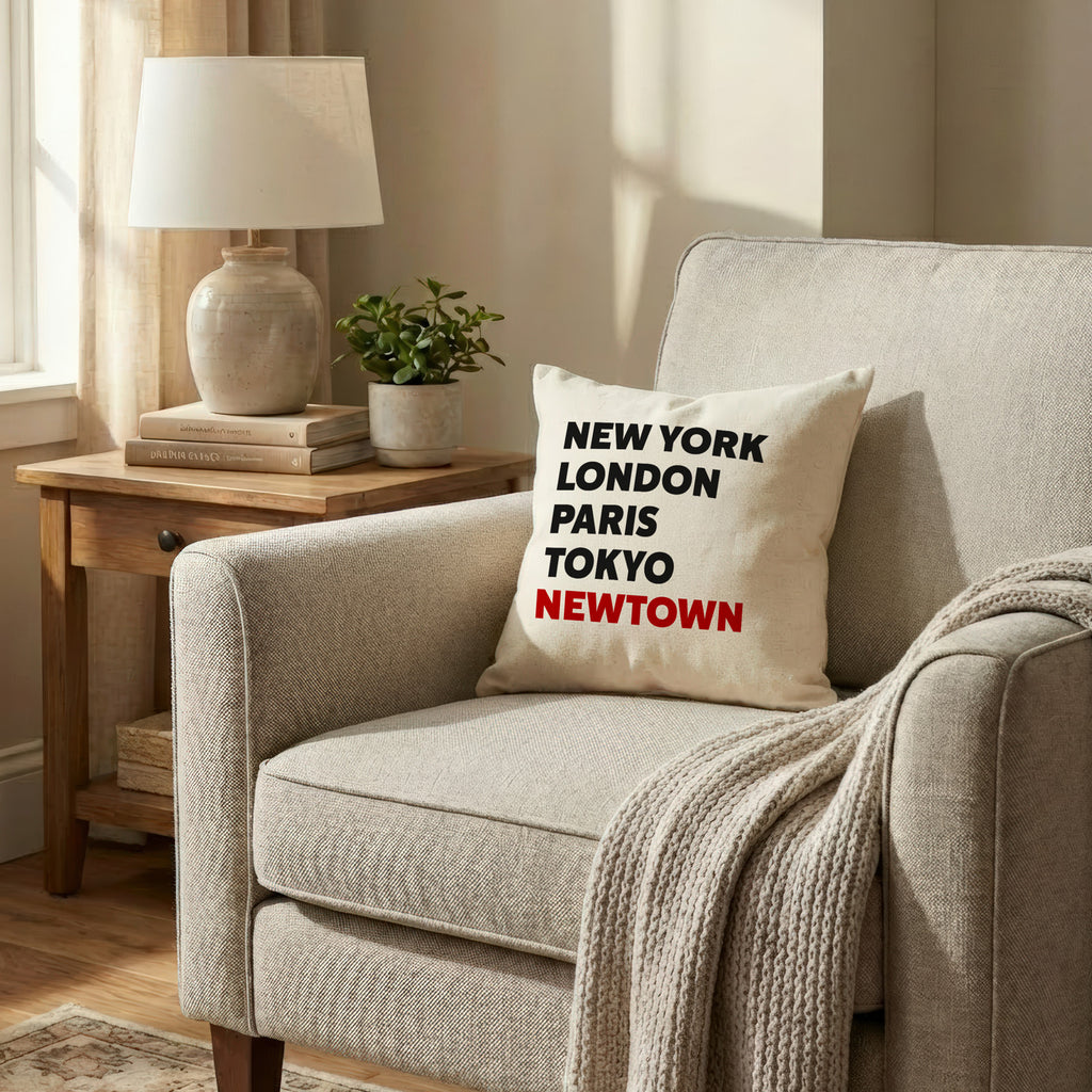 Newtown typography cushion detail view