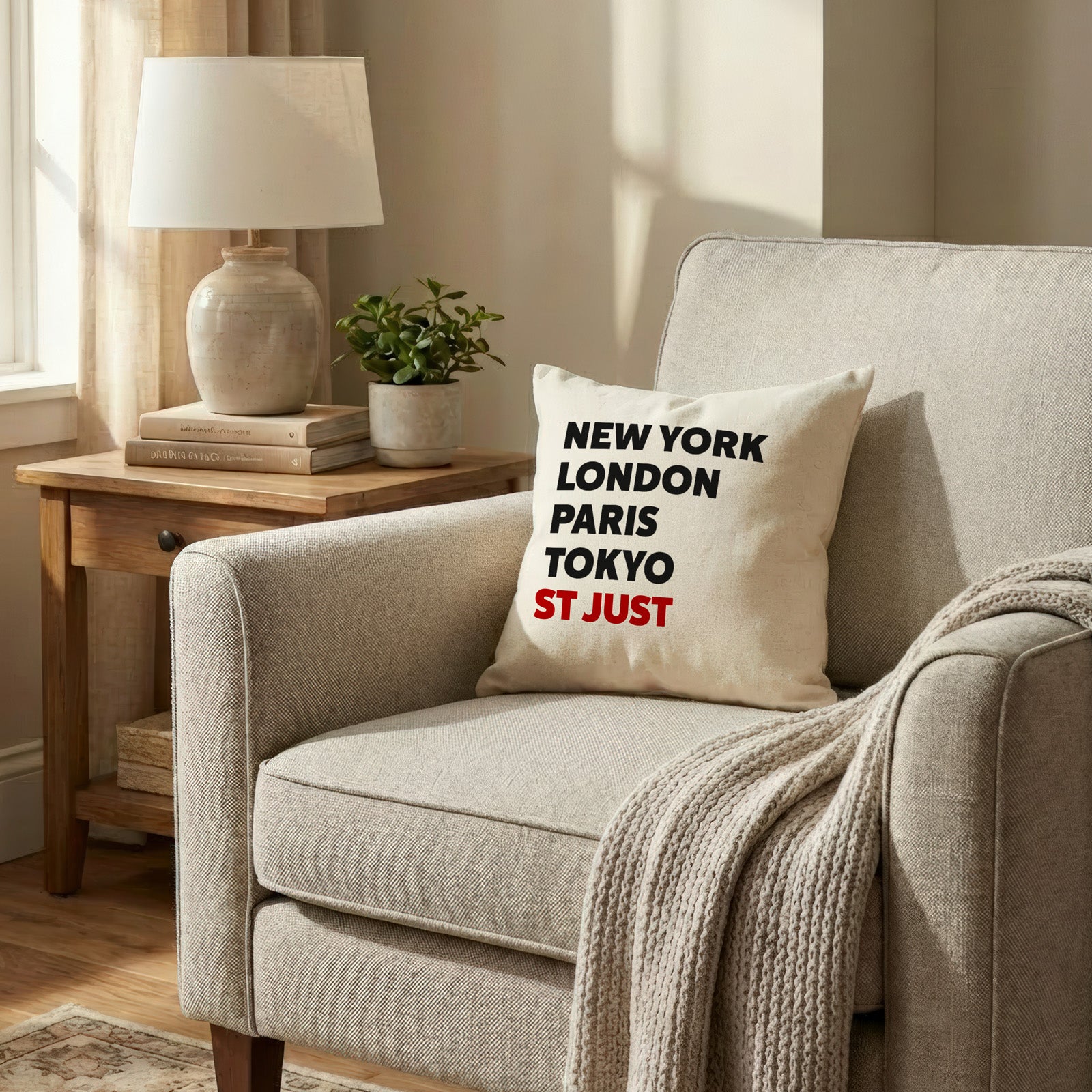 St Just typography cushion detail view