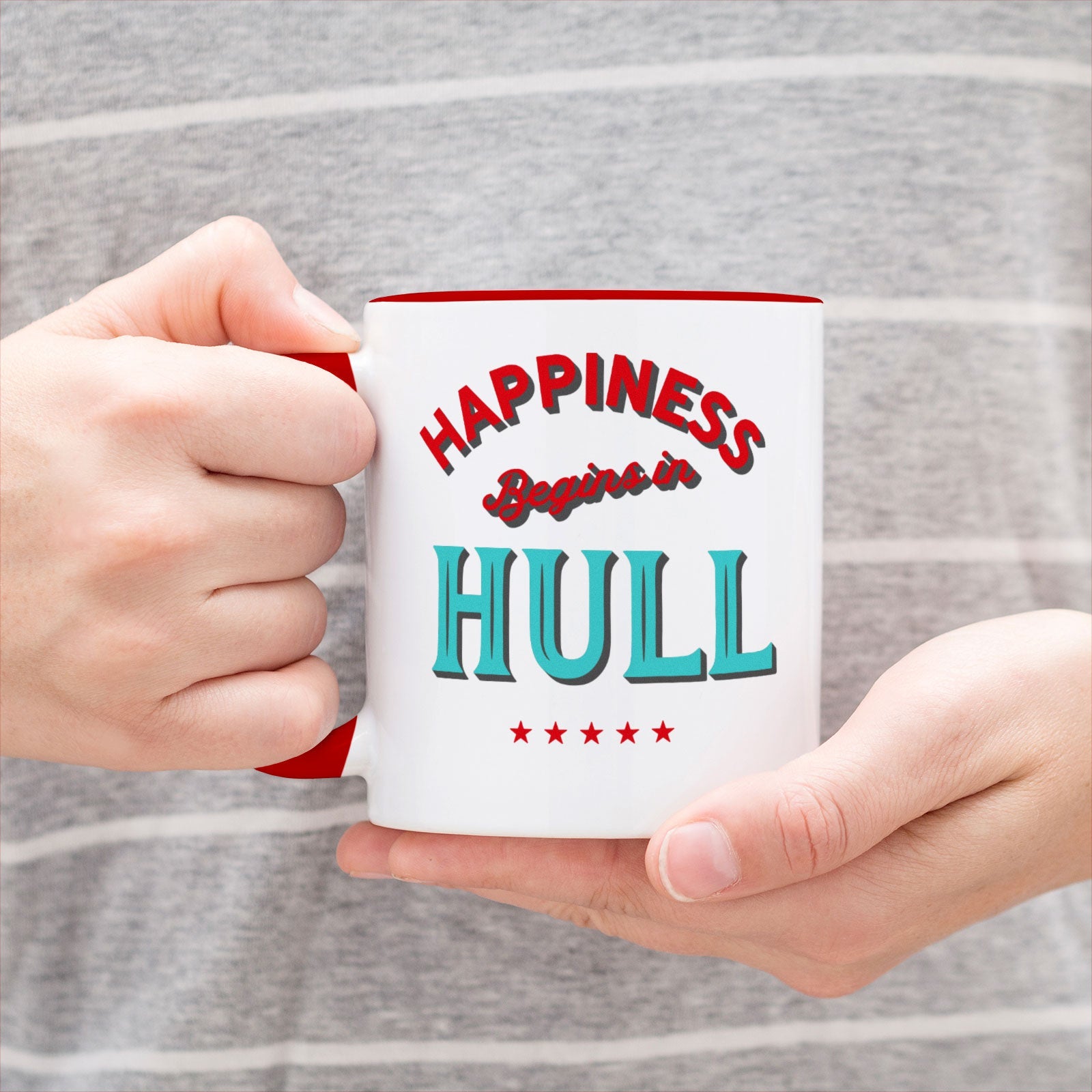 HAPPINESS BEGINS IN HULL - Coffee Mug - Funny Gift Present for Someone from Hull
