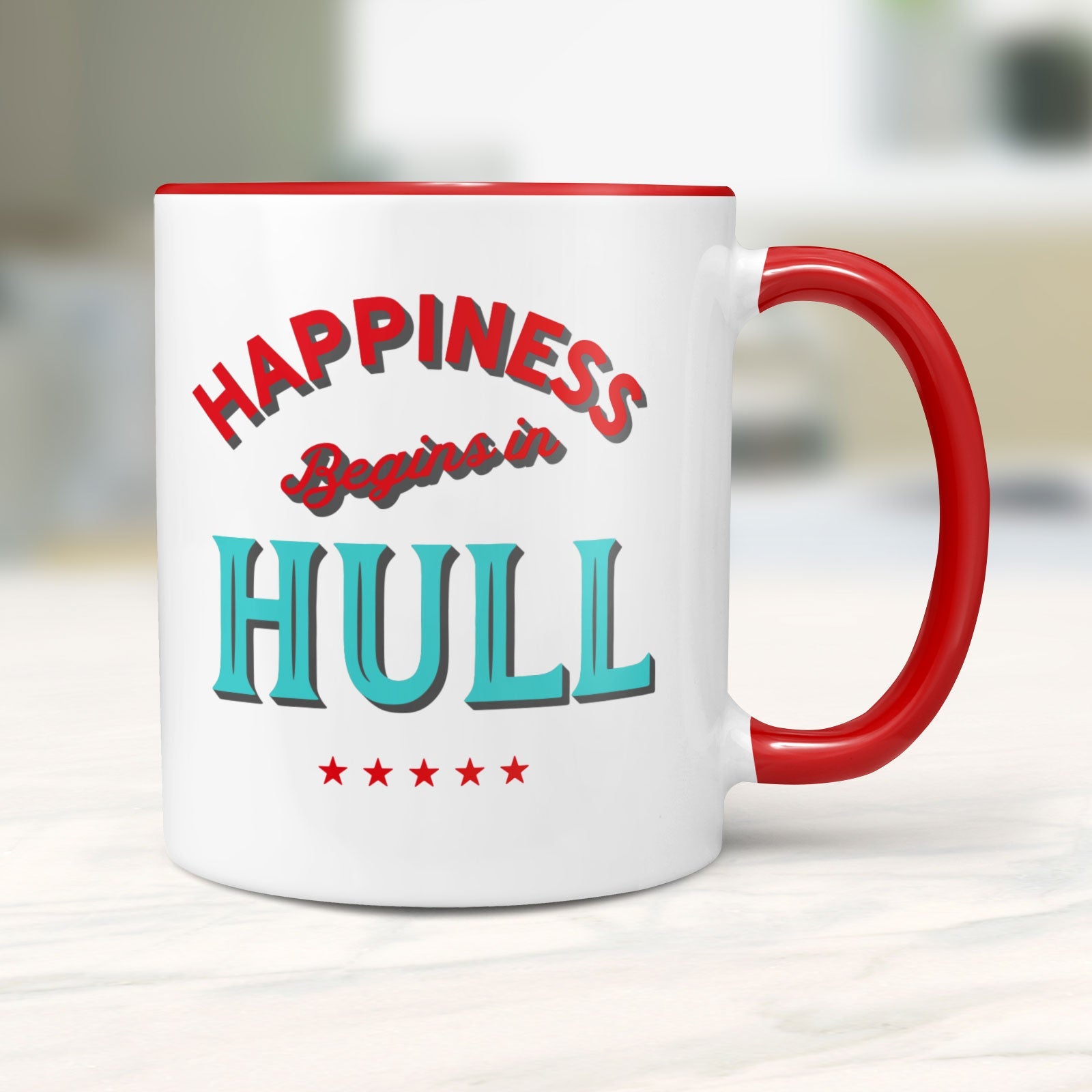 HAPPINESS BEGINS IN HULL - Coffee Mug - Funny Gift Present for Someone from Hull