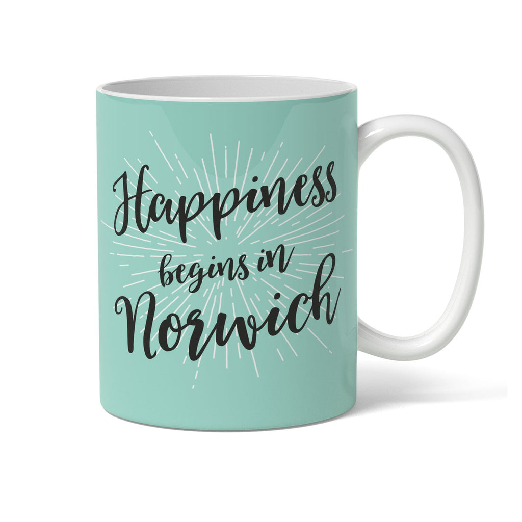 HAPPINESS BEGINS IN NORWICH - Coffee Mug - Funny Gift Present for Someone from Norwich