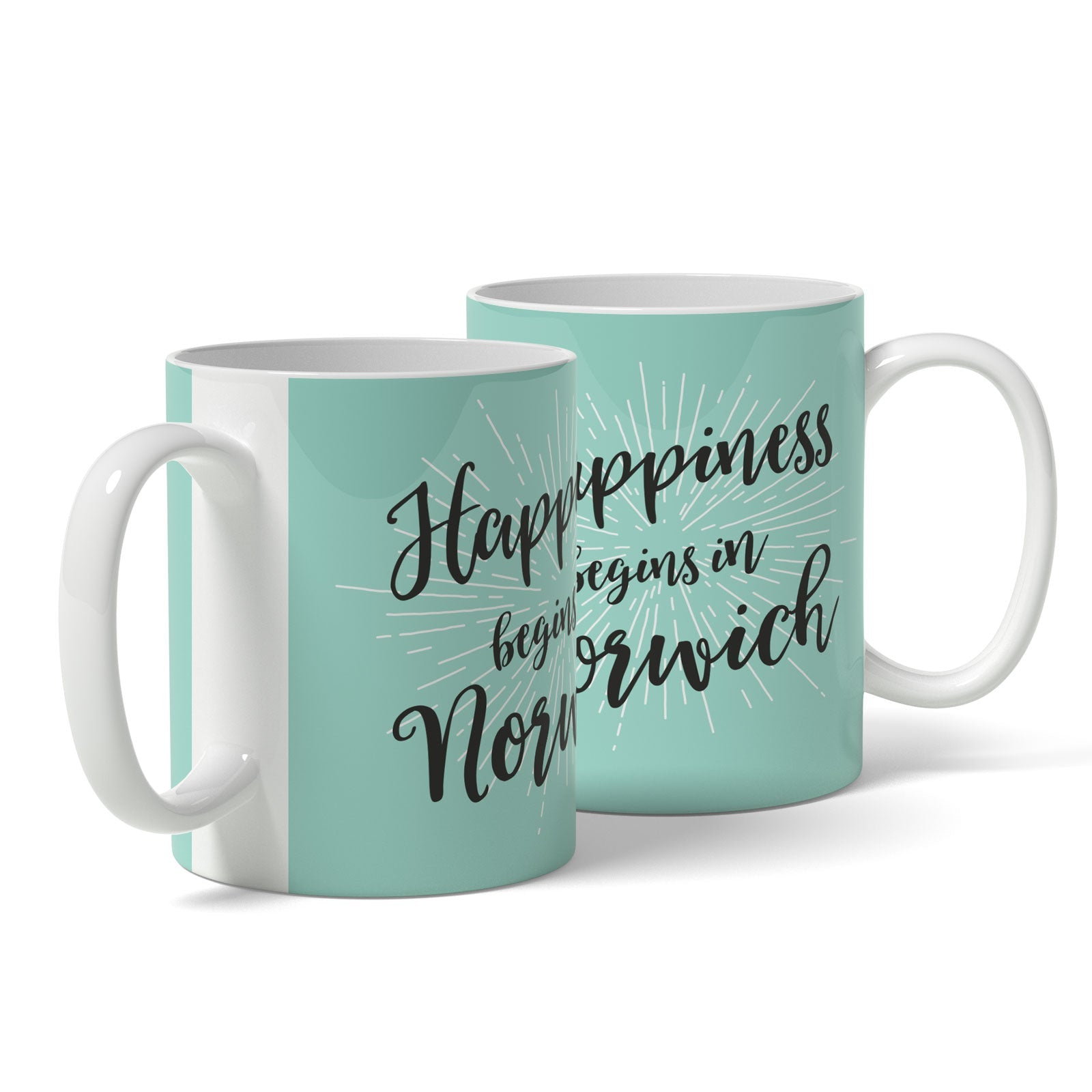 HAPPINESS BEGINS IN NORWICH - Coffee Mug - Funny Gift Present for Someone from Norwich
