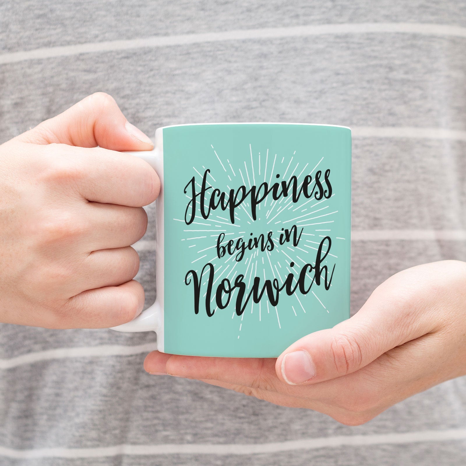 HAPPINESS BEGINS IN NORWICH - Coffee Mug - Funny Gift Present for Someone from Norwich